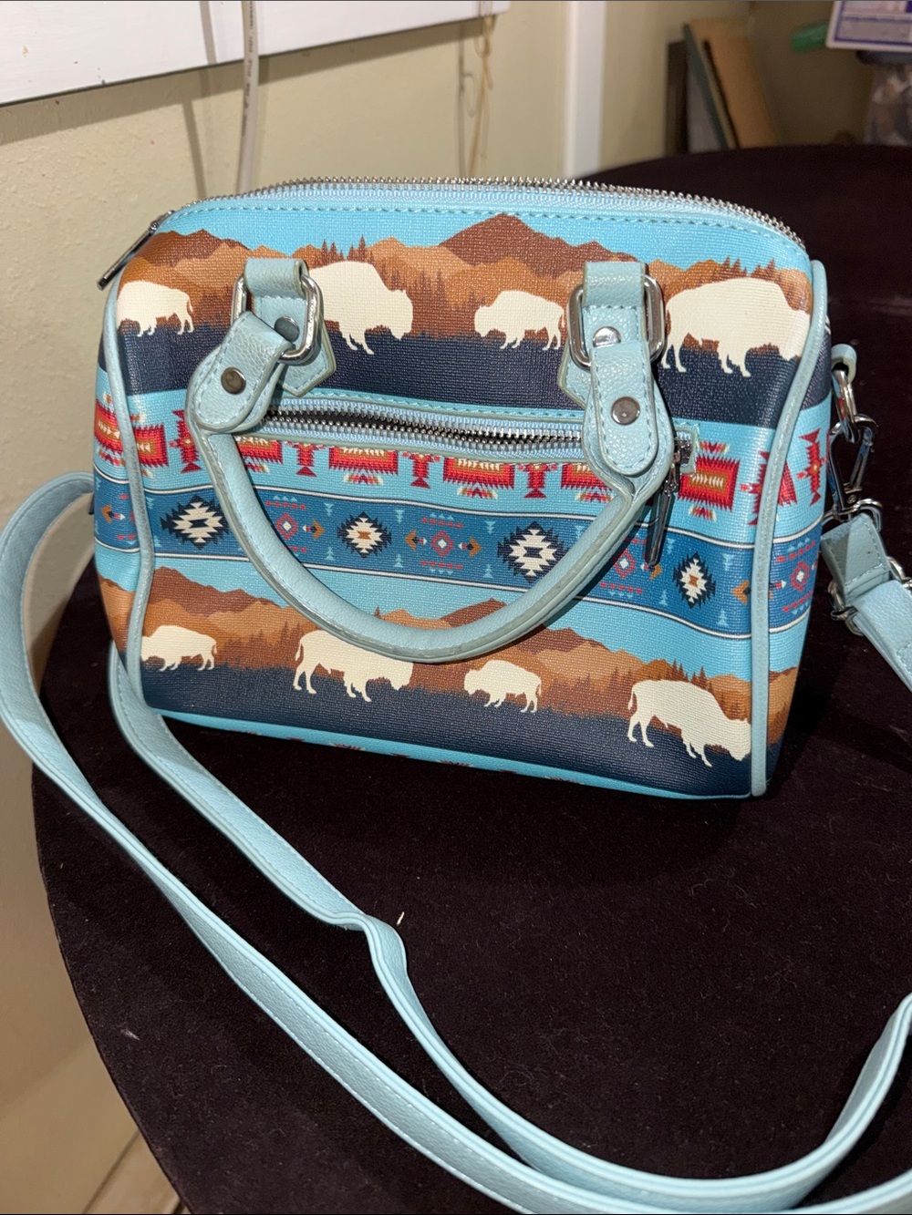 Southwestern Buffalo Print Light Blue Crossbody Bag